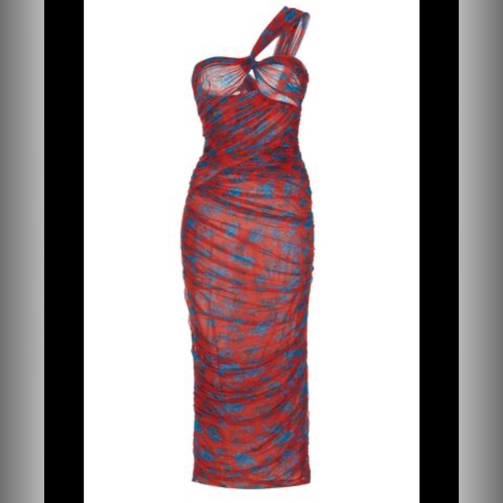 Versace One Shoulder Red and Blue Dress  Red Mesh Floral Ruched Midi Dress –